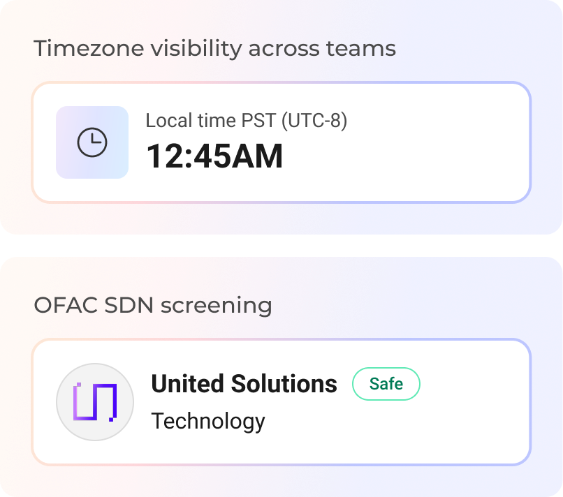 Global integrity features showing timezone visibility and OFAC SDN screening